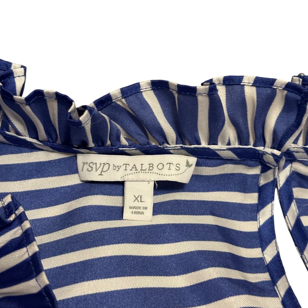 Talbots RSVP Womens XL Blue White Striped Ruffle Neck Sleeveless Shell Blouse - Picture 3 of 9